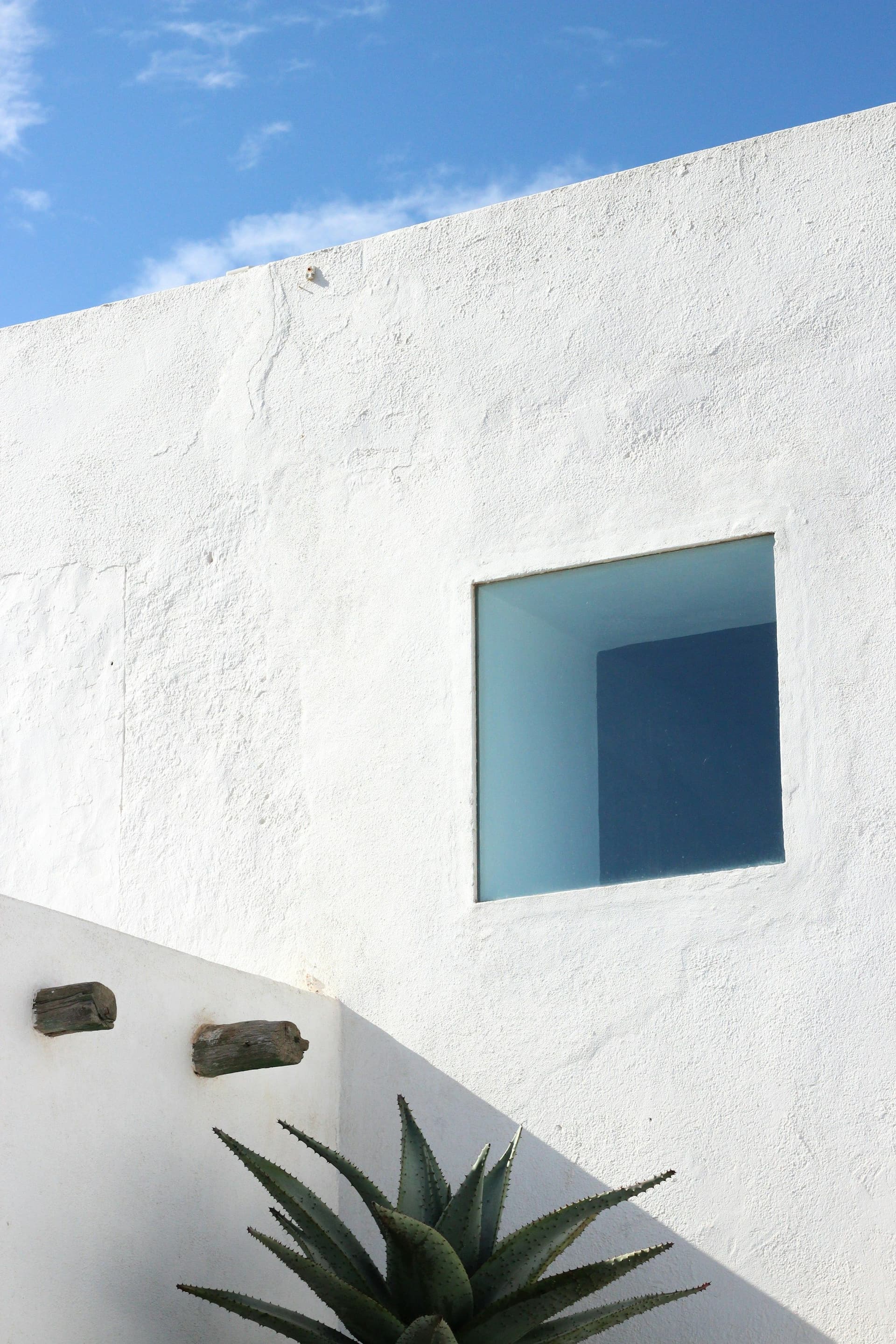 White rendered wall with a square window and an agave plant in front under a blue sky