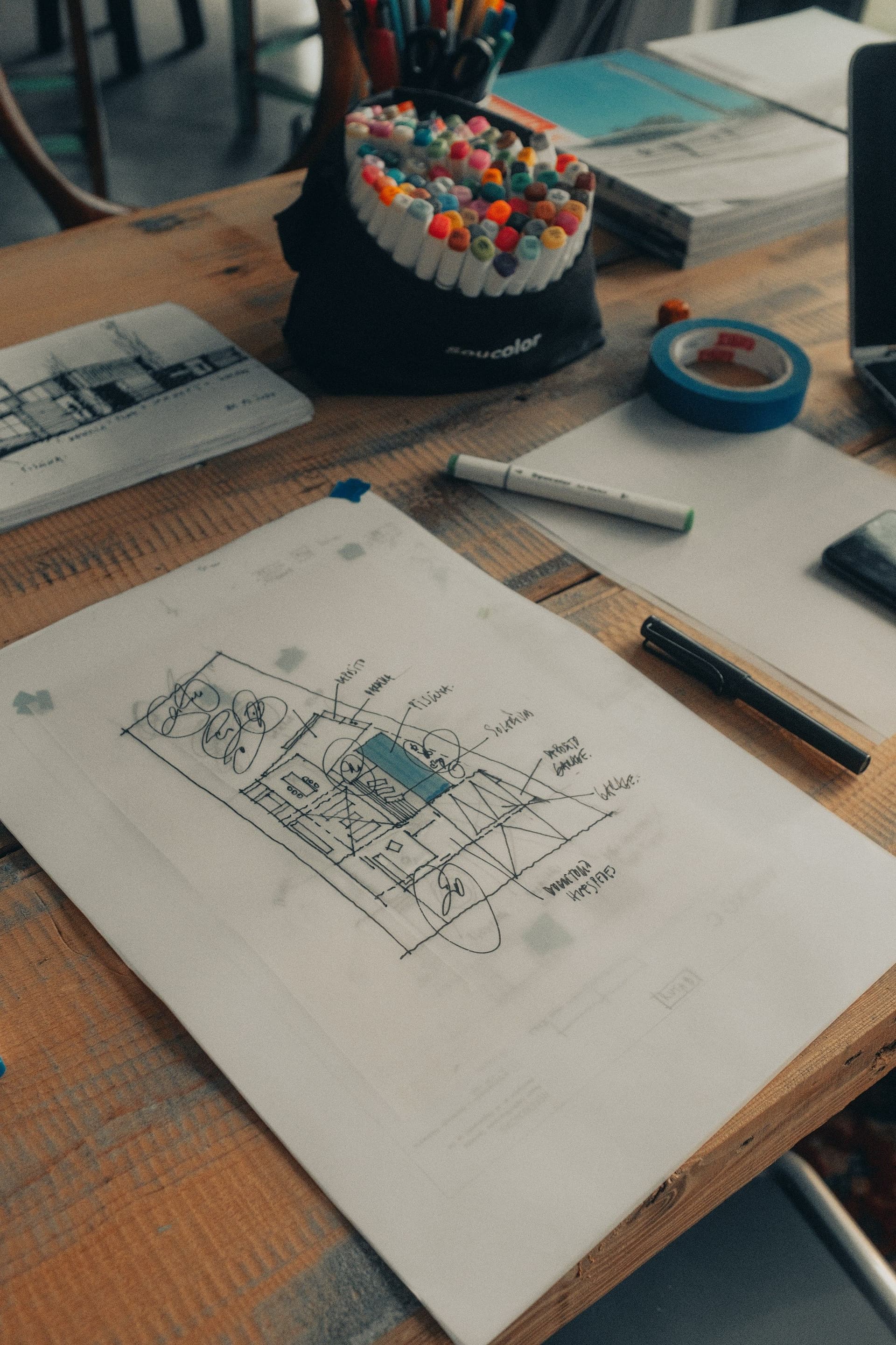 A hand-drawn floor plan sheet on a wooden table beside a marker pot, a tape roll and a pen