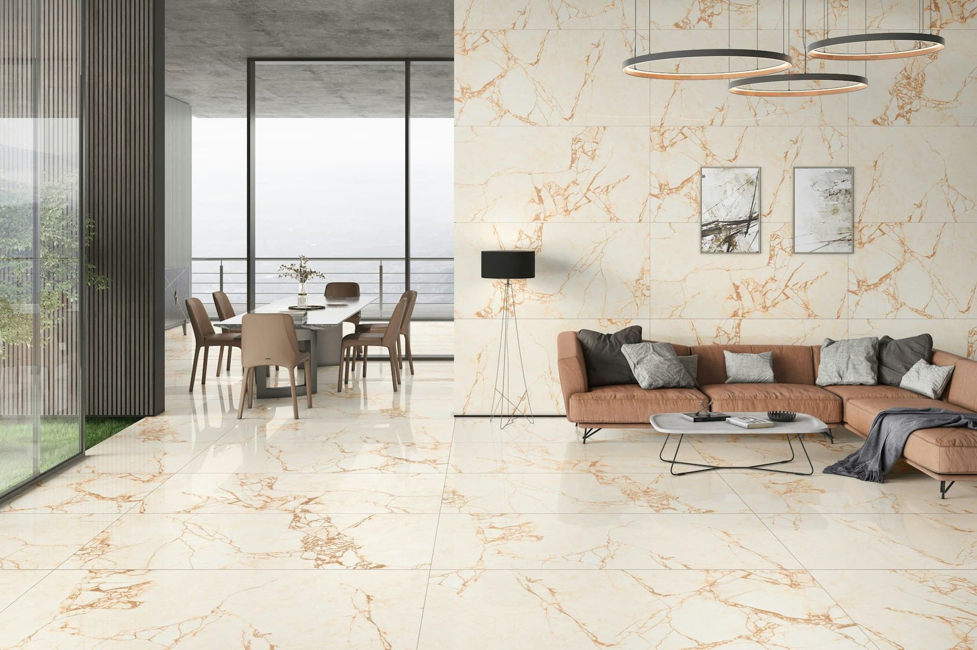 Bright living and dining area with glossy cream marble-look floor tiles and floor-to-ceiling glass walls