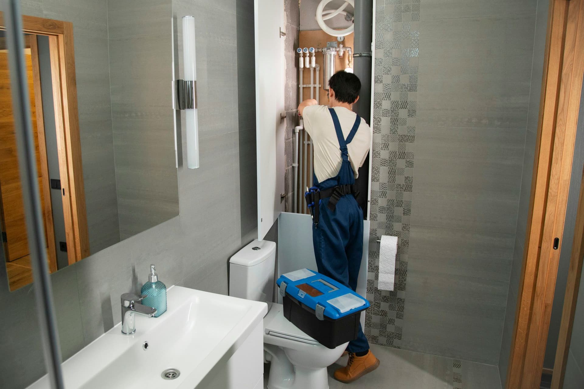 A plumber in blue overalls works at wall pipes in a gray tiled bathroom, with a blue toolbox beside him