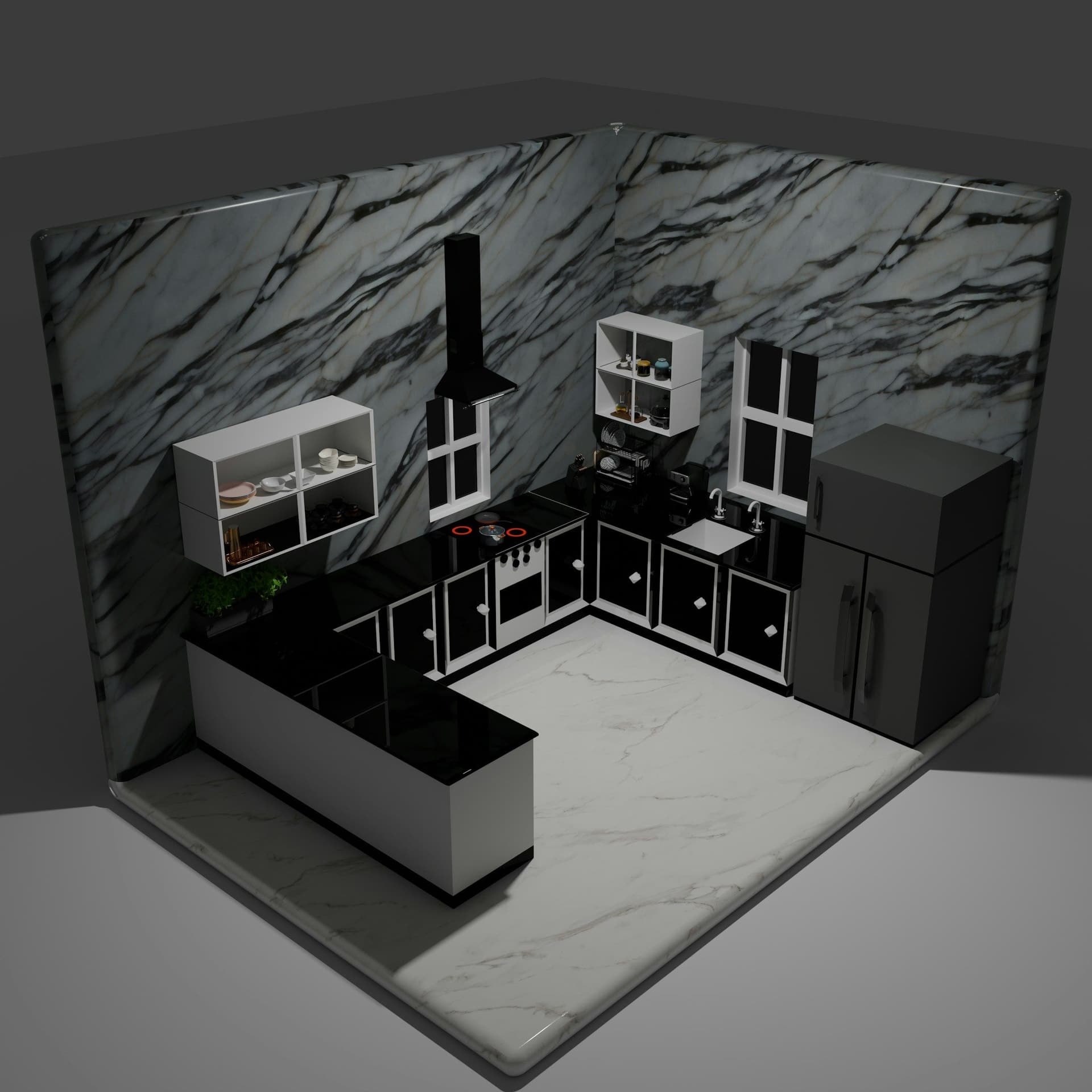 A computer-generated cutaway view of a kitchen with marble walls, a marble floor and dark cabinets