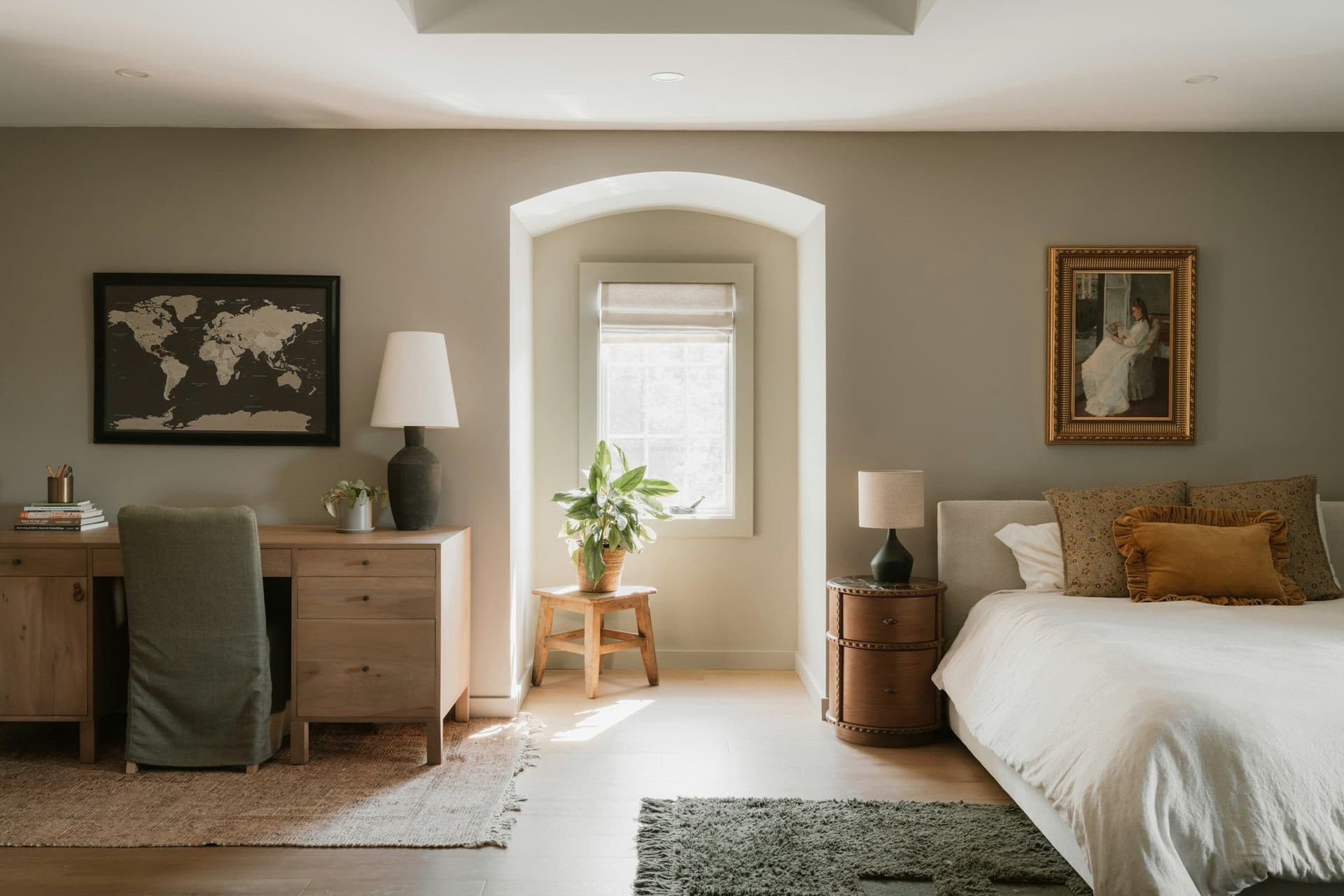Bedroom with a wooden desk and chair against one wall, a made bed and an arched window
