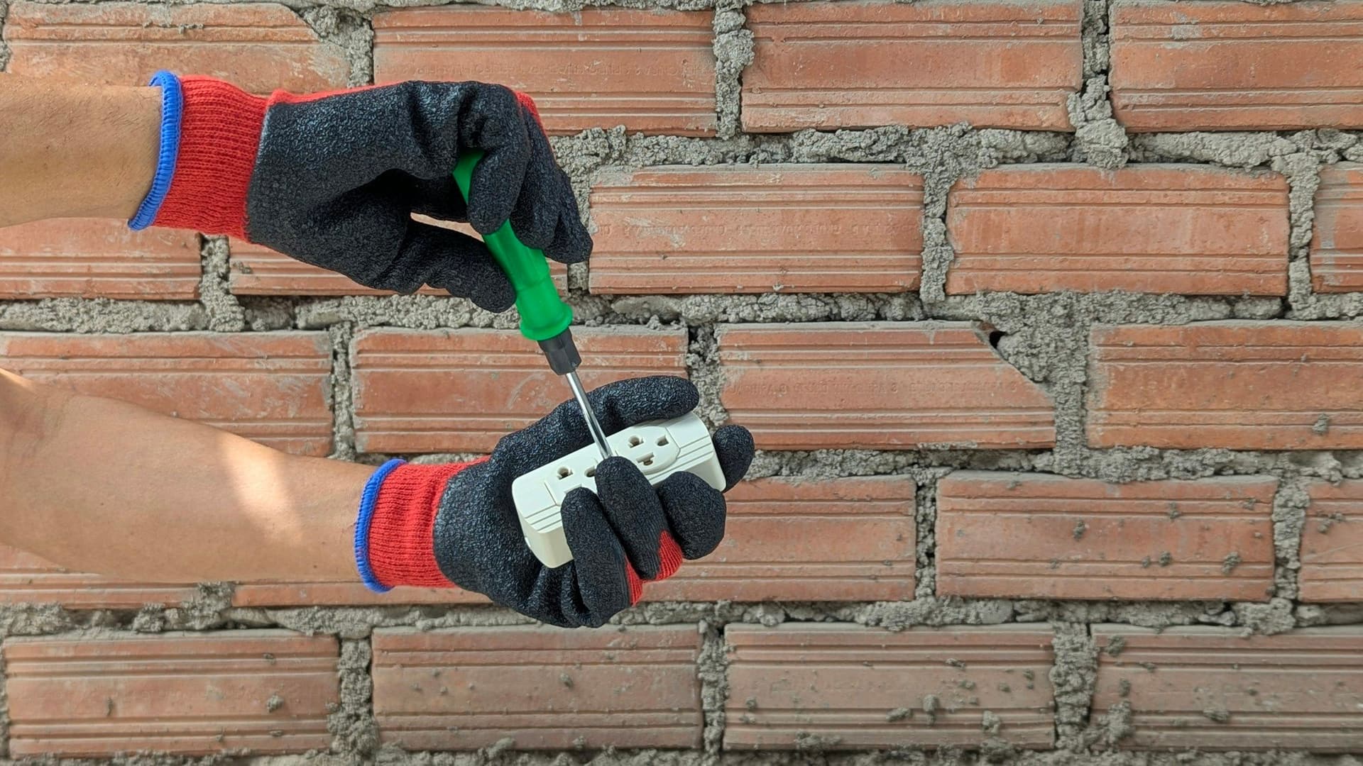 Gloved hands hold a screwdriver and a white double socket against a bare brick wall
